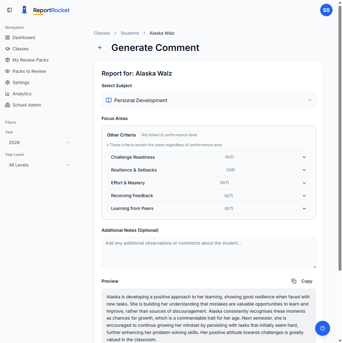 ReportRocket generate page showing criteria selection and a generated comment preview