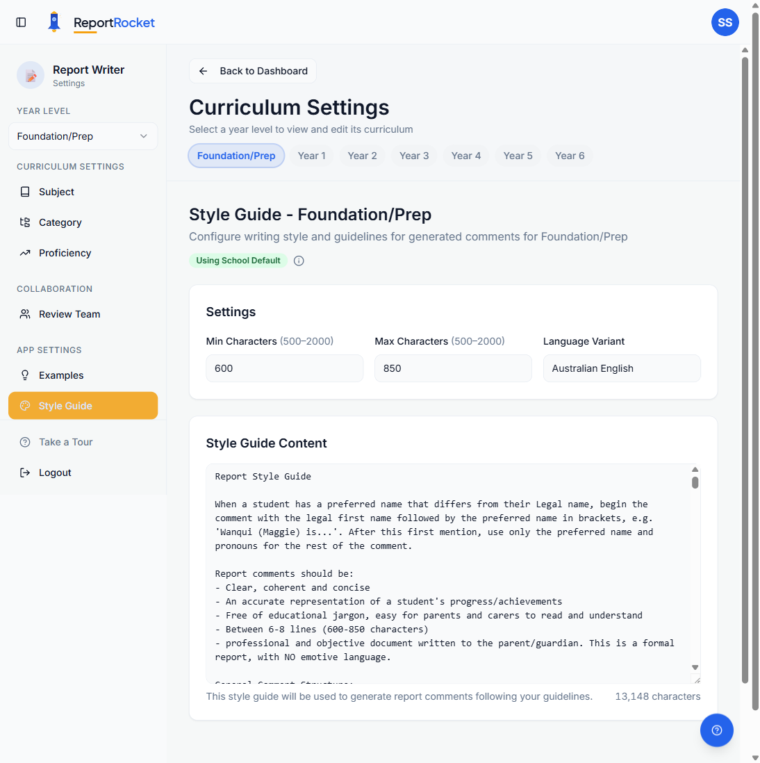 ReportRocket style guide settings showing character limits and school writing rules